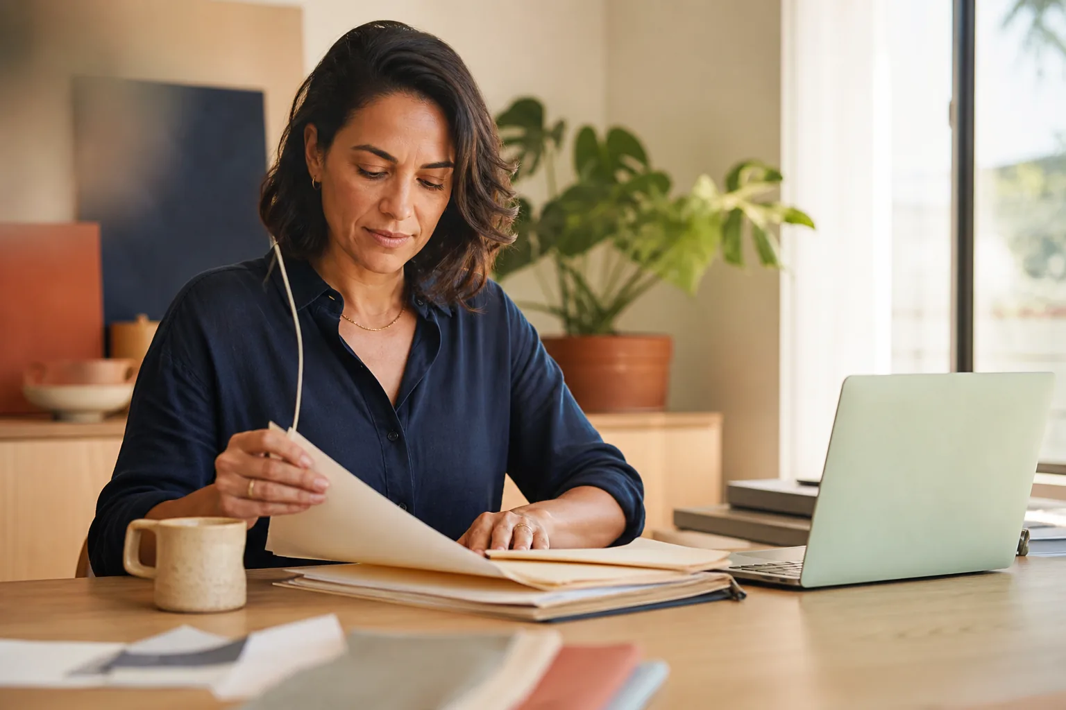 Profissional organizando documentos em uma mesa de trabalho
